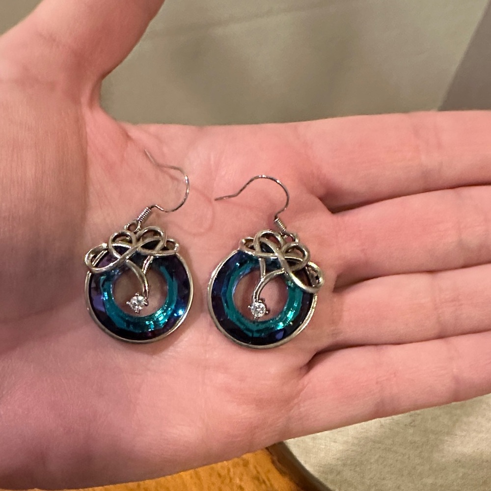 Stunning Teal & Purple Glass, Silver Infinite Love Earrings with Rhinestone drop